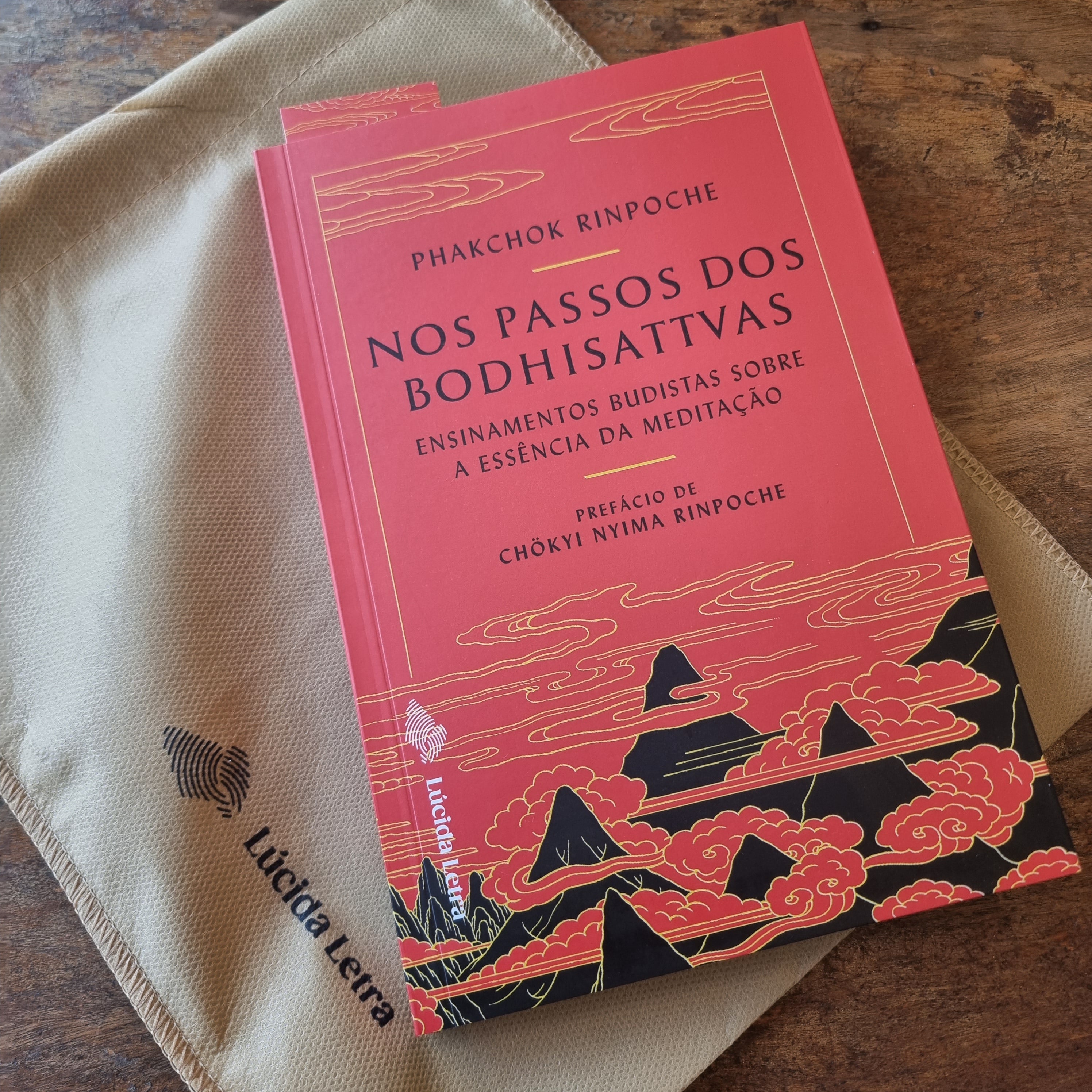 Livro "Nos passos dos bodhisattvas" e sacolinha da Lúcida Letra